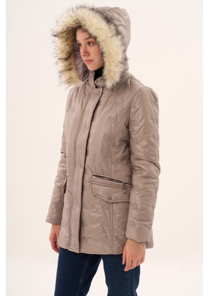 Veger Özel Desen Kapüşonlu Kapitone Mont