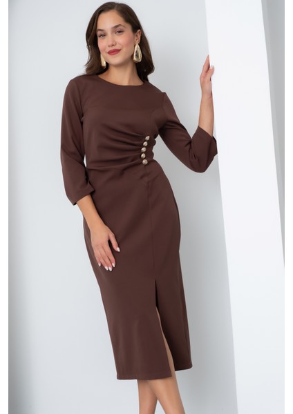 Kadın Kahverengi Düğme Detay Midi Davet Elbisesi modelleri