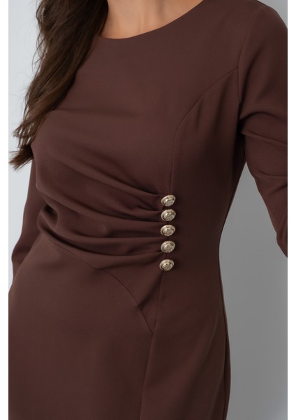 Kadın Kahverengi Düğme Detay Midi Davet Elbisesi fırsatları