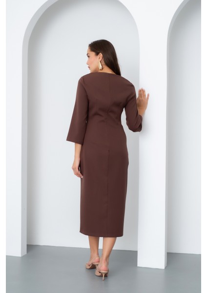 Kadın Kahverengi Düğme Detay Midi Davet Elbisesi indirimleri