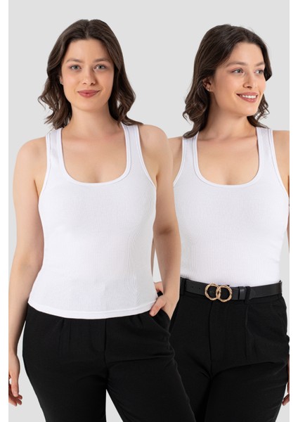Kadın Fitilli Görünümlü Kalın Askılı Basic Beyaz Atlet 2'li Paket