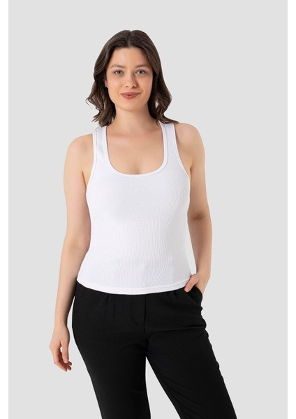 Kadın Fitilli Görünümlü Kalın Askılı Basic Beyaz Atlet 2'li Paket fiyatları