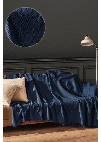 Koltuk Örtüsü %100 Pamuk Çizgili Dekoratif Pike Çok Amaçlı Lacivert Renk 170X200 cm