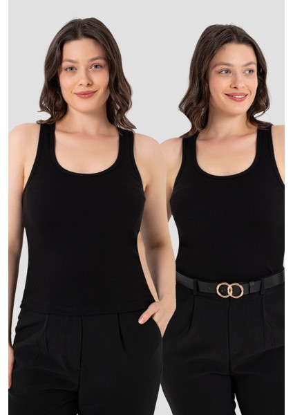 Kadın Fitilli Görünümlü Kalın Askılı Basic Siyah Atlet 2'li Paket