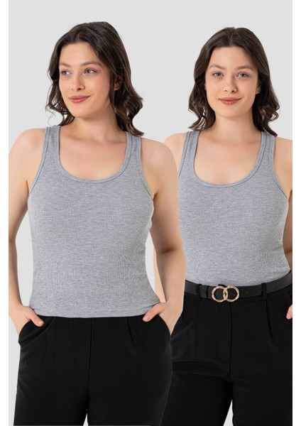 Kadın Fitilli Görünümlü Kalın Askılı Basic Gri Atlet 2'li Paket