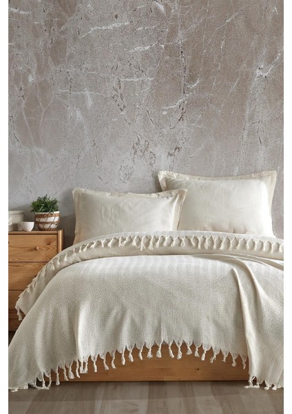 Çift Kişilik Koltuk Örtüsü %100 Pamuk Çizgili Dekoratif Pike Çok Amaçlı Krem Renk 200X230 cm