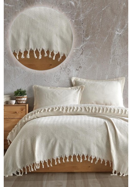 Çift Kişilik Koltuk Örtüsü %100 Pamuk Çizgili Dekoratif Pike Çok Amaçlı Krem Renk 200X230 cm modelleri