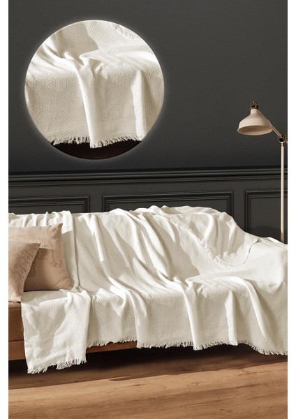 Çift Kişilik Koltuk Örtüsü %100 Pamuk Çizgili Dekoratif Pike Çok Amaçlı Krem Renk 200X230 cm fırsatları