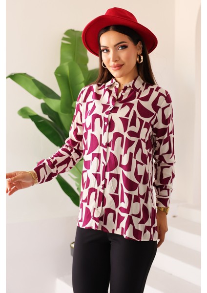 Regular Kadın Bordo Krem Desenli Uzun Kollu Gömlek Tunik