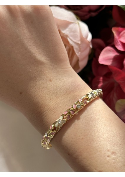 Pembe Çiçek Mineli Kelepçe Bileklik