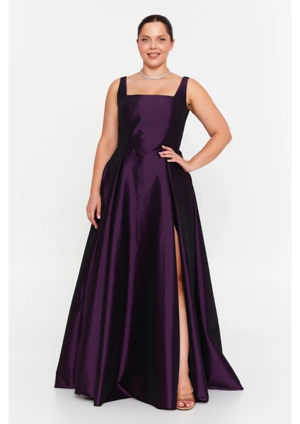 Kadın Büyük Beden Kalın Askılı A Kesim Maxi Abiye Elbise 8391 Mürdüm