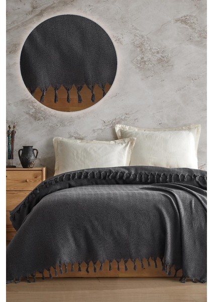 Çift Kişilik Koltuk Örtüsü %100 Pamukçizgili Dekoratif Pike Çok Amaçlı Antrasit Renk 200X230 cm