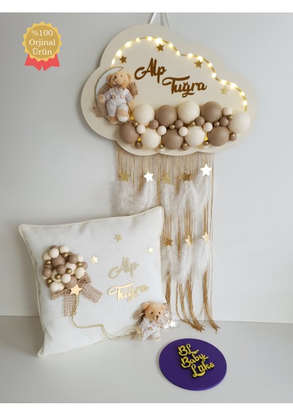 Bubble Ledli Bulut Bebek Kapı Süsü ve Yastık Krem Kahve
