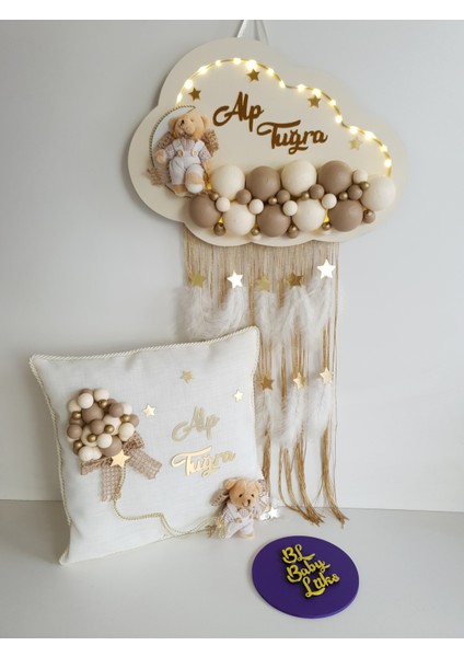 Bubble Ledli Bulut Bebek Kapı Süsü ve Yastık Krem Kahve fiyatları