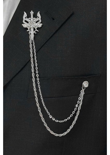 Gümüş Retro Ejderha ve Kılıç Ceket & Damatlık & Blazer Zincirli Yaka Aksesuarı