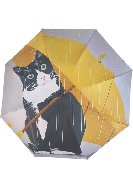 Kedi Desenli Şemsiye Rüzgara Dayanıklı Çanta Boy Bayan Şemsiyesi