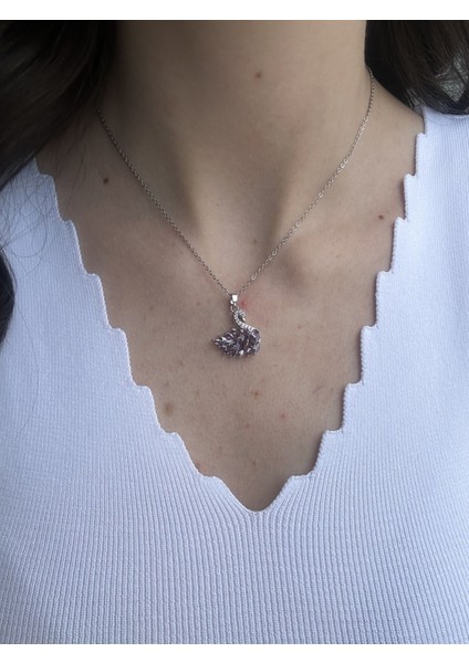 Mor Zirkon Kuğu Kolye