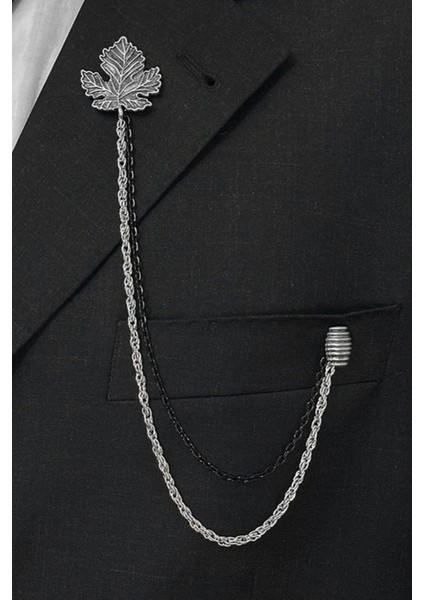 Gümüş Oksit Renk Çınar Yaprağı Ceket & Damatlık & Blazer Zincirli Yaka Aksesuarı