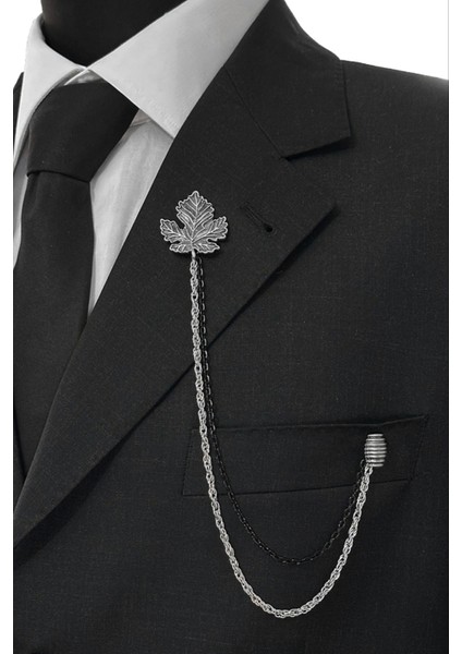 Gümüş Oksit Renk Çınar Yaprağı Ceket & Damatlık & Blazer Zincirli Yaka Aksesuarı fiyatları