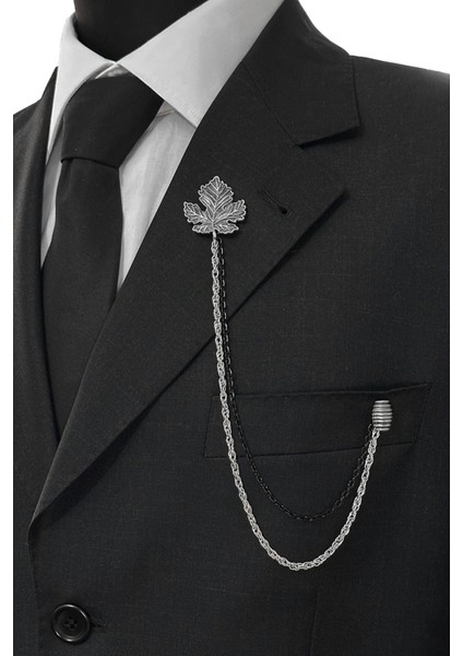 Gümüş Oksit Renk Çınar Yaprağı Ceket & Damatlık & Blazer Zincirli Yaka Aksesuarı modelleri