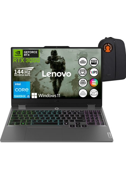 Loq Intel Core I5 12600HX 8gb 512GB SSD RTX3050 W11 15.6" IPS Taşınabilir Bilgisayar + Çanta