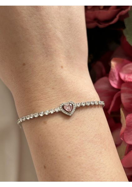 Silver Pembe Kalp Detaylı Su Yolu Bileklik