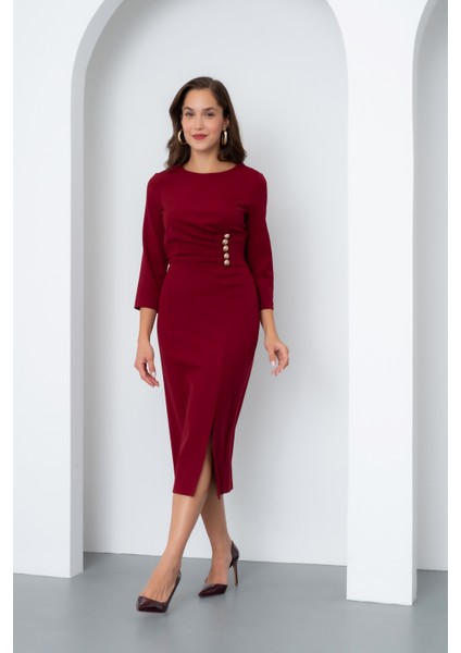 Kadın Bordo Düğme Detay Midi Davet Elbisesi