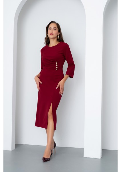 Kadın Bordo Düğme Detay Midi Davet Elbisesi fiyatları