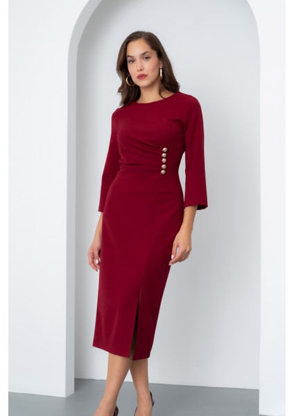 Kadın Bordo Düğme Detay Midi Davet Elbisesi modelleri