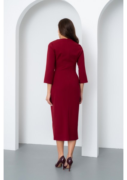 Kadın Bordo Düğme Detay Midi Davet Elbisesi indirimleri