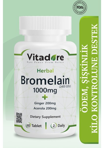 Herbal Bromelain 1000 Mg (2400 Gdu) + 400 Mg Zencefil ve Acerola ile Güçlü Proteolitik Enzim Destek