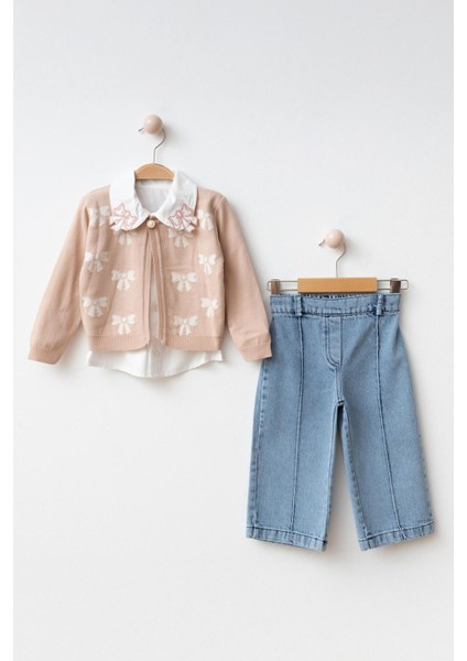Fiyonklu Desenli Triko Hırka Gömlek ve Kot Pantolon 3’lü kız çocuk takım - Pudra