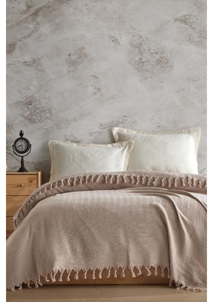 Koltuk Örtüsü %100 Pamuk Çizgili Dekoratif Pike Çok Amaçlı Bej Renk 170X200 cm