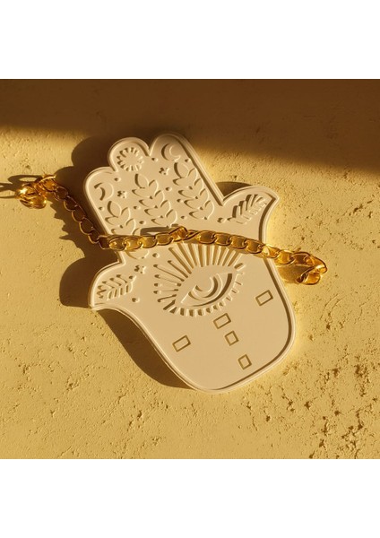 El Yapımı Hamsa El Figürü – 20X15 cm Dekoratif Beton Tabak / Takı ve Aksesuar Düzenleyici