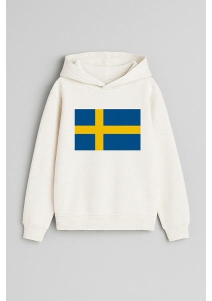 Isviçre Bayrağı Baskılı Ekru Kız Erkek Çocuk Kapüşonlu Sweatshirt