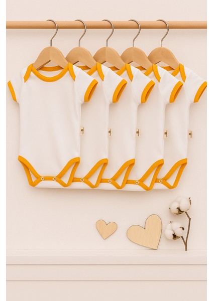 5 Li Set Organik %100 Pamuk Sarı Biyeli 0-3 Aylık 3 Yaş Arası Kız Erkek Unisex Çıtçıtlı Body Zıbın