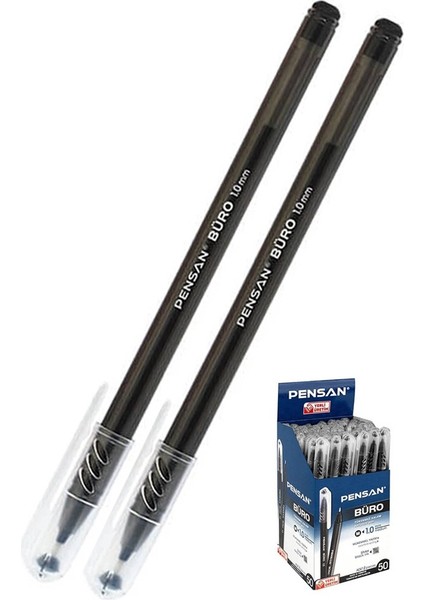 Siyah Tükenmez Kalem 1.0mm 2 Adet Pensan Büro Tipi Ballpoint Büro Plastik Kapaklı Tükenmez Kalem