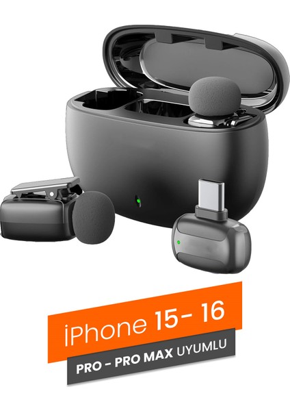 Profesyonel Kablosuz Yaka Mikrofonu iPhone 15/16 Uyumlu 2 Mikrofonlu Type-C 1072
