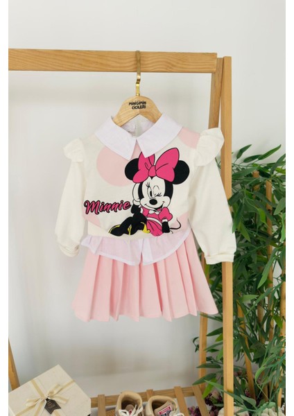 Minnie Mouse Baskılı Fırfır Kol Sweatshirt ve Pileli Etekli Kız Çocuk 2’li takım - Pembe