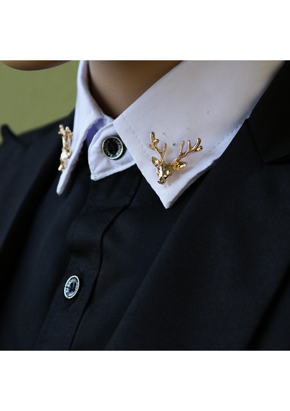 Gold Renk Zincirli Geyik Gömlek Yaka Iğnesi & Damatlık & Aksesuar