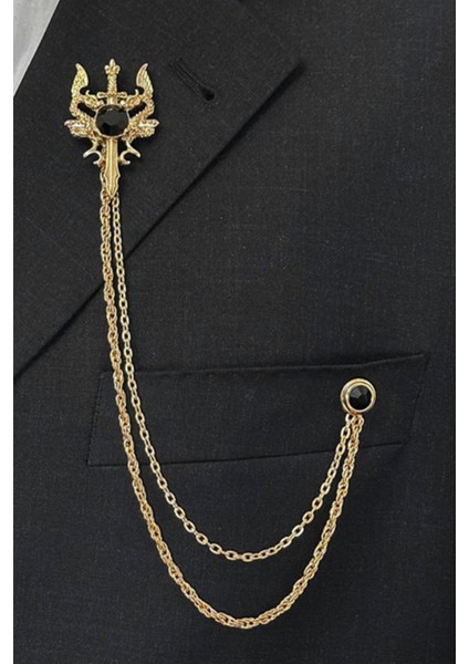 Gold Renk Retro Ejderha ve Kılıç Ceket & Damatlık & Blazer Zincirli Yaka Aksesuarı