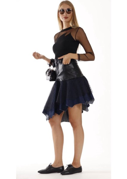 Kadın Yeni Sezon Deri Kot Tül Detay Asimetrik Tarz Tasarım Etek