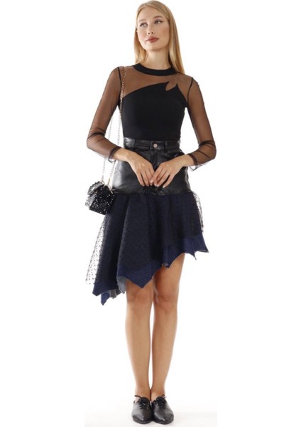 Kadın Yeni Sezon Deri Kot Tül Detay Asimetrik Tarz Tasarım Etek fırsatları