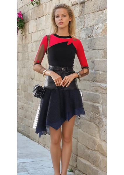 Kadın Yeni Sezon Deri Kot Tül Detay Asimetrik Tarz Tasarım Etek indirimleri