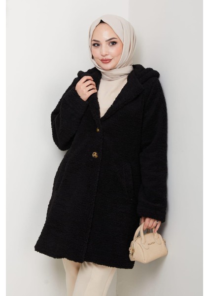 Kadın Kürk Kumaş Astarlı Düğmeli Kapüşonlu Siyah Kaban