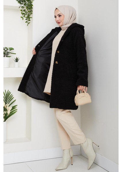 Kadın Kürk Kumaş Astarlı Düğmeli Kapüşonlu Siyah Kaban fiyatları