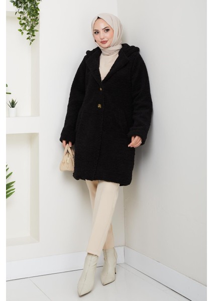 Kadın Kürk Kumaş Astarlı Düğmeli Kapüşonlu Siyah Kaban modelleri