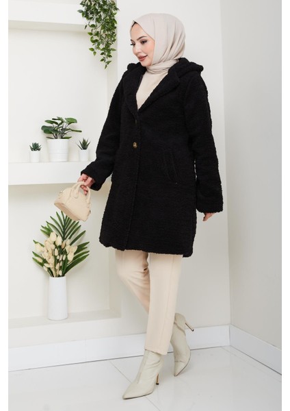 Kadın Kürk Kumaş Astarlı Düğmeli Kapüşonlu Siyah Kaban indirimleri