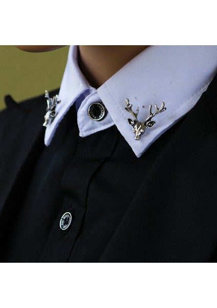 Gümüş Renk Zincirli Geyik Gömlek Yaka Iğnesi & Damatlık & Aksesuar