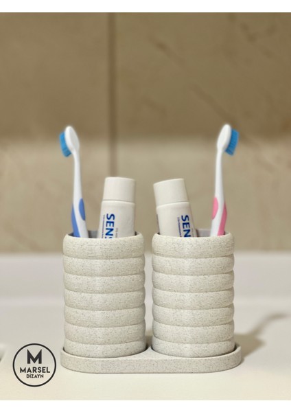 Modern Banyo Düzenleyici V2 - Diş Fırçalık Seti - Ikili Set - Mermer Beyaz 10CM